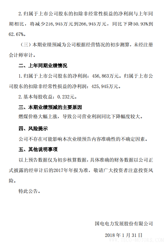 國電電力2017年凈利潤預(yù)計同比下降49.66%到60.60% 行業(yè)資訊 第2張 國電電力2017年凈利潤預(yù)計同比下降49.66%到60.60% - TECO東元電機(jī) | 變頻器·伺服電機(jī)·減速機(jī)·電機(jī)解決方案